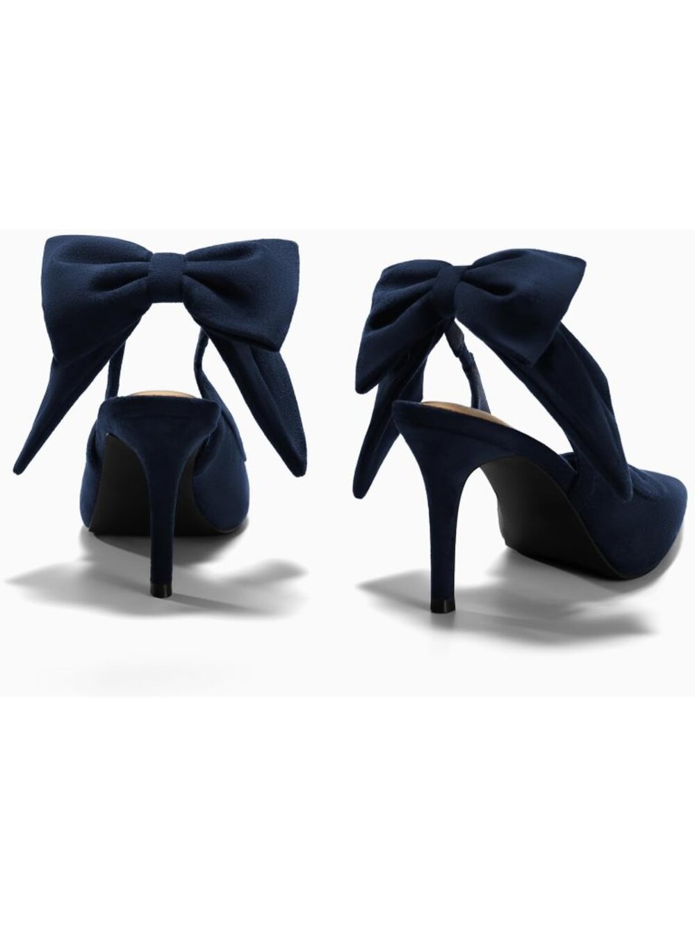 Women Suede Navy Blue Slingback Bow Closed Pointed Toe Lace Patchwork High Heels - Picture 5 of 6